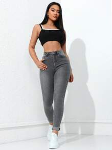 Jeanoix Solid Color Skinny Jeans With Pockets And Zipper - Grey - View 3