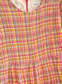 SHEIN Tween Girls Pink Plaid Blend Sweet Crew Neck Short Sleeve Casual Holiday Dress - Multicolor - View 5