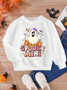 SHEIN Moletom com capuz fofo casual de Halloween para meninas, estampa de letras e fantasmas, outono-inverno (roupas combinando mãe e filha, 2 peças vendidas separadamente), para festa de Halloween