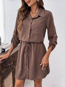 SHEIN LUNE Spring/Summer Casual Waist-Tied Shirt Dress With Metal Buckle Sleeve Roll-Up Design - Brown - View 5