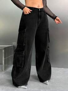 SHEIN EZwear Jeans casuales holgados de pierna ancha negro talla grande para mujer con diseño tipo novio y múltiples bolsillos de carga - Negro - Ver 6