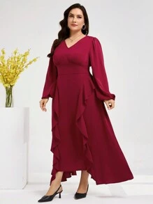 Modelyn Burgundy Red Plus Size Women's Plain Simple Daily Wear Arabesque Style Long Sleeve Blouse With Ruffle Hem Long Evening Dresses - Burgundy - View 6