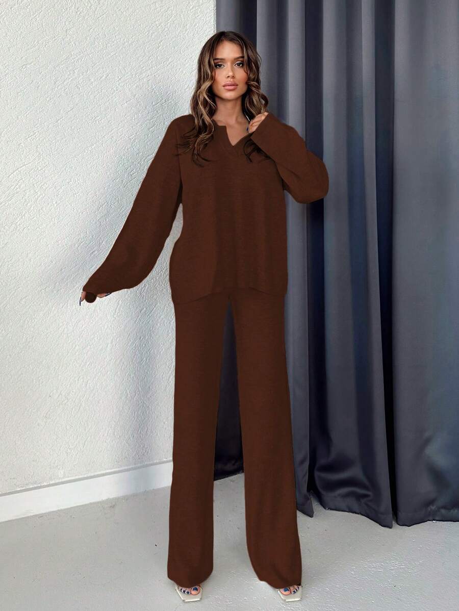 EURMUSE Solid Drop Shoulder Sweater & Knit Pants - Brown - View 1