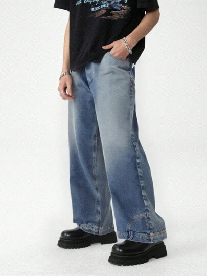 SHEIN Explorewe New Arrival Retro American High Street Style Inverted Washed Jeans For Teen Boys