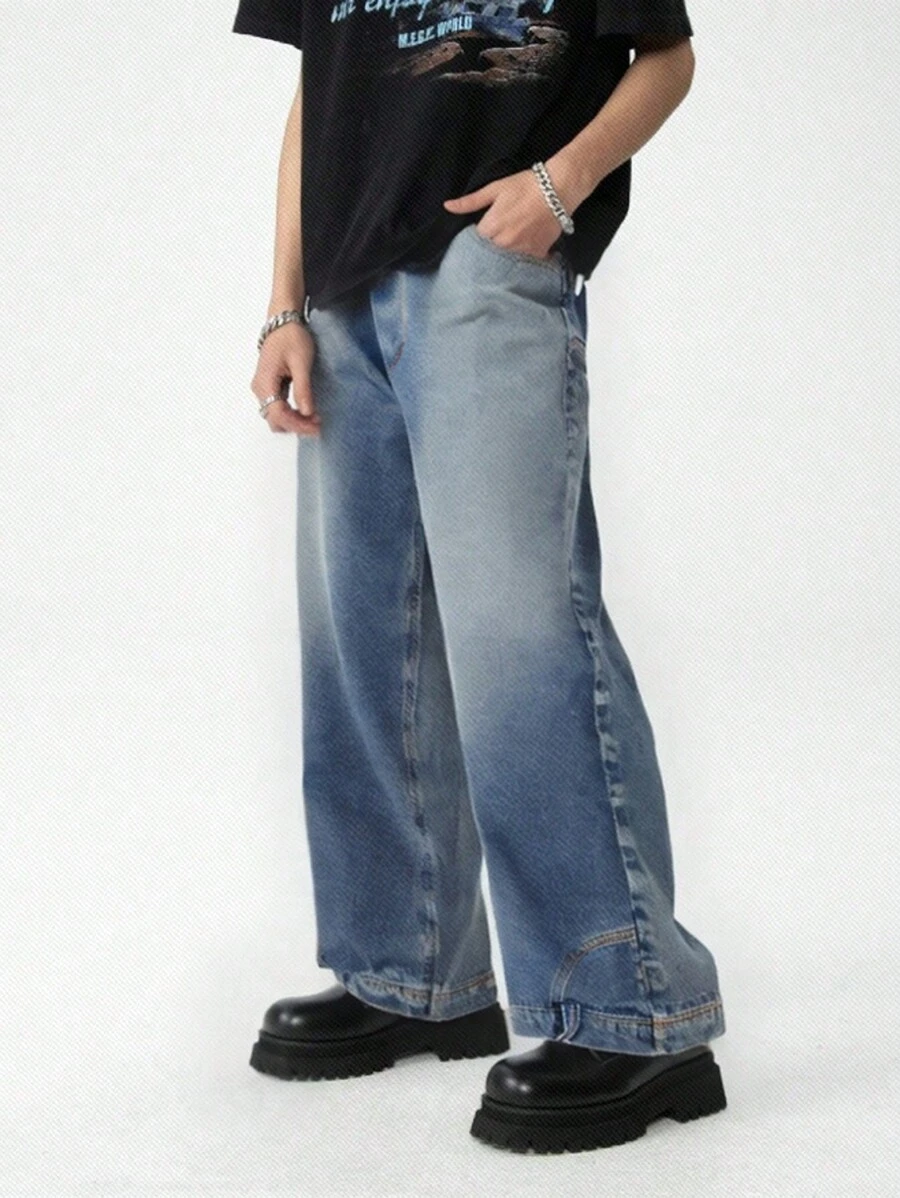 SHEIN Explorewe New Arrival Retro American High Street Style Inverted Washed Jeans For Teen Boys - Medium Wash - View 1