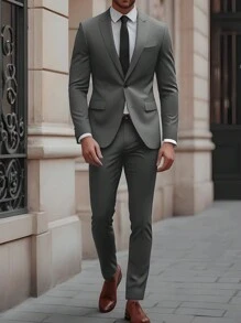 Manfinity Mode Men's Classic Collar Long Sleeve Buttoned Shirt With Mock Pockets And Dress Pants Suit