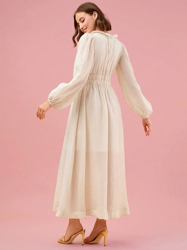 Fall Holiday Romantic Elegant Frill Trim Casual Lantern Sleeve Dress For Dailywear