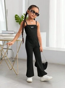 SHEIN Young Girl's Cool Knitted Solid Color Jumpsuit With Spaghetti Straps, Spring/Summer - Black - View 3