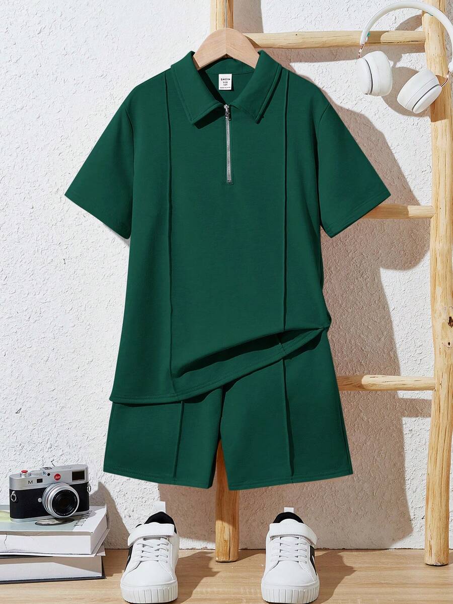 SHEIN 2pcs/Set Tween BoyLoose Casual Turndown Collar Solid Color Short Sleeve Polo Shirt And Shorts - Dark Green - View 1