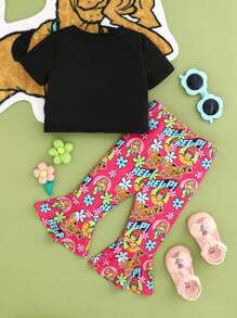 SCOOBY-DOO X SHEIN 女婴酷炫黑色休闲圆领T恤和粉色卡通印花喇叭裤套装 - 彩色 - 查看 2