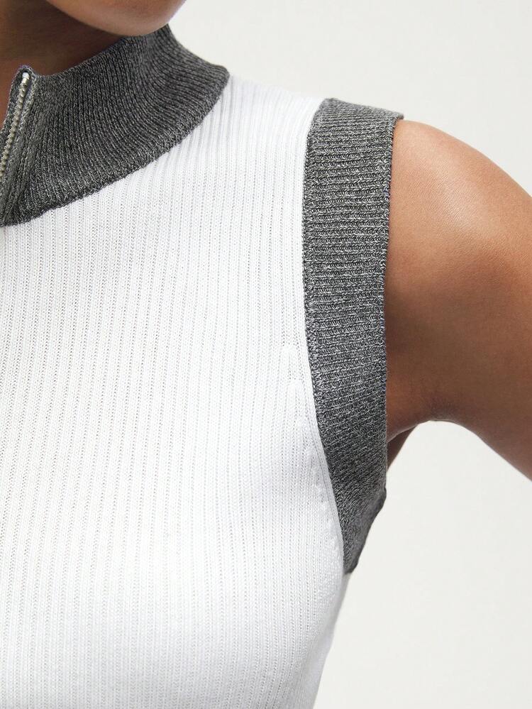 SHEIN Maija Damen Ärmelloses Sommer Top mit halbem Reißverschluss aus Kontrastfarben gestrickt und ohne Knöpfe im Lässig stil