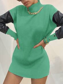 EURMUSE Contrast PU Sleeve Mock Neck Drop Shoulder Sweater - Green - View 5
