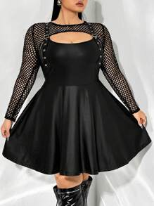 SHEIN ICON Plus Size PU Leather Spliced Mesh Dress, For Winter - Black - View 2