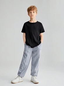 SHEIN 適合青少年男孩的純色圓領短袖T卹，采用窩紋編織面料 - 黑色 - 查看 5