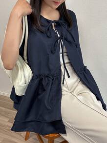 FRIFUL 女士休闲纯色丝带无袖夹克，春夏，荷叶边背心 - 藏蓝色 - 查看 10