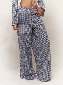 MISSGUIDED Gingham Print Open Front Tie Detail Flared Long Sleeves Crop Top And Wide Leg Pants Co-Ord Set - Black and White - View 4