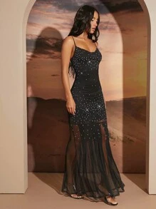 SHEIN Unity Damska czarna sukienka z siateczkowym paskiem typu spaghetti i błyszczącą dekoracją ze strasu, lato