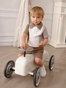 Souflis Souflis Baby Boys' Spring/Summer Casual Color Block Texture Comfortable Top And Shorts Set, Versatile