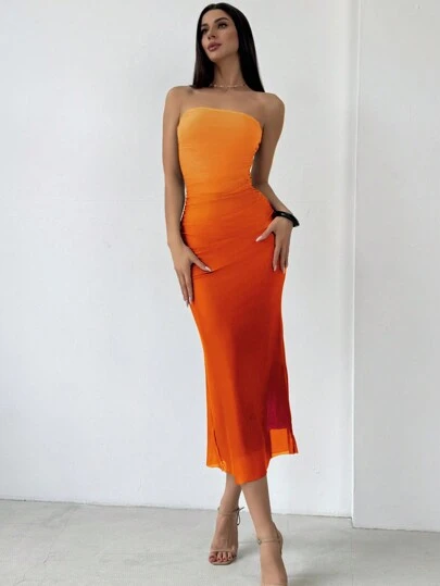 Aloruh American Style Ombre Mesh Printed Bandeau Bodycon Orange Dress,Summer Dresses Spring Break Outfits  For Women