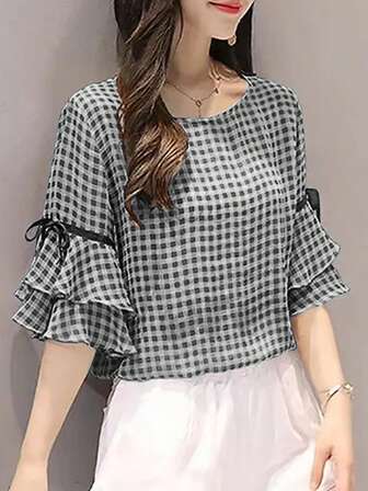Women's Casual Plaid Print Bowknot Neck Short Sleeve Blouse