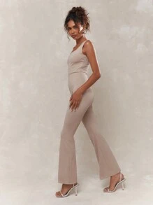 MISSGUIDED Jersey Square Neck Flared Hem Tank Jumpsuit - Khaki - View 4