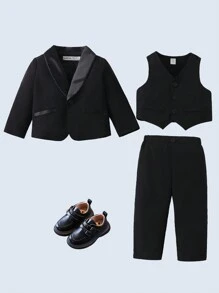 3pcs Baby Boy Suit Set, Black Lapel Jacket, Vest And Pants, Gentleman Style For Birthday Party, Christening, 1st Birthday, Formal Events, Wedding,In Fall/Winter - Black - View 1