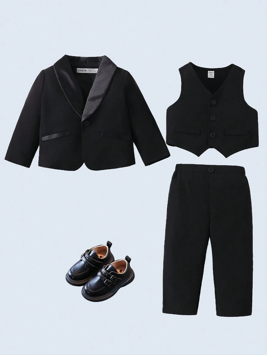 3pcs Baby Boy Suit Set, Black Lapel Jacket, Vest And Pants, Gentleman Style For Birthday Party, Christening, 1st Birthday, Formal Events, Wedding,In Fall/Winter - Black - View 1