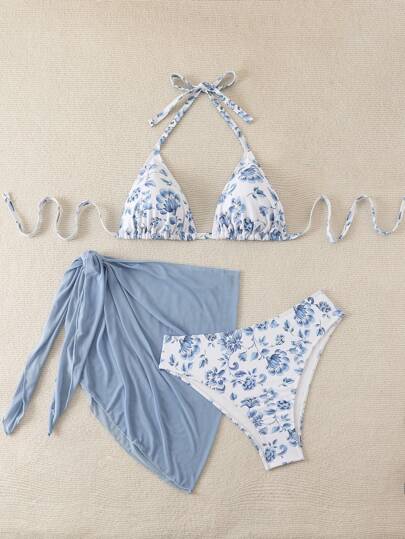 Swim Mod Plus Floral Print Halter Triangle Summer Beach Bikini Set With Solid Beach Skirt