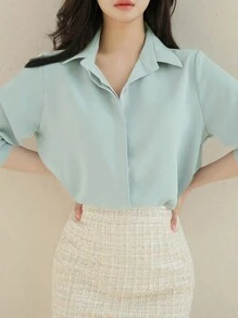 DAZY 纯色纽扣衬衫领上衣，日常休闲装工作衬衫，秋季女装长袖上衣 - 薄荷綠 - 查看 5
