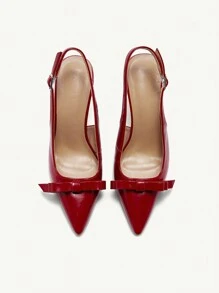 CUCCOO CHICEST 时尚红色漆皮优雅蝴蝶装饰高跟尖头鞋，带后带，适合工作、约会、派对圣诞节秋季勃艮第高跟鞋新年假期