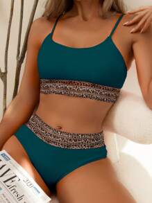 SHEIN Swim 女士纯色豹纹拼接简约日常两件套比基尼套装夏季海滩 - 霧霾藍 - 查看 1