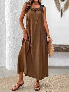 SHEIN LUNE Women's Leopard Print Shoulder Strap Ruffle Hem Sleeveless Vacation Casual Dress