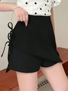 DAZY Women's Solid Color Fashionable Simple Elegant Bowknot Decor Loose Soft Tender Skirted Shorts - Black - View 6