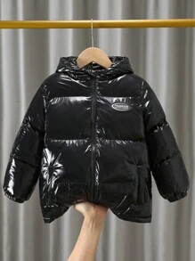 1pc Young Boys Casual Solid Color Decorative Patch Padded  Shiny Fabric Hooded Warm Jacket, Padded Coat, Quilted Coat,In Fall/Winter