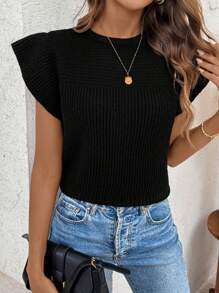 SHEIN LUNE Áo len nữ nhún bèo màu đen thường ngày, thu đông - màu đen - Xem 3