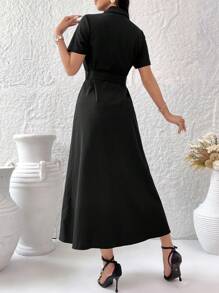 Modelyn 女士拼色包裹式腰帶百褶連衣裙