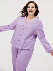 LUVLETTE Autumn And Winter Women's Plus-Size Purple Soft 100% Pure Cotton Pajama Set Lapel Top And Pants Basic Long Women Pajama Set Lounge Set Fall Pajamas