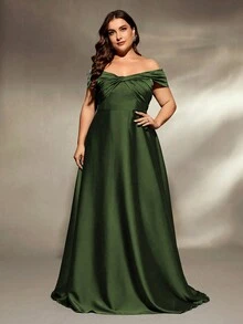 Off Shoulder Asymmetrical Ruched Dress - Army Green - View 4