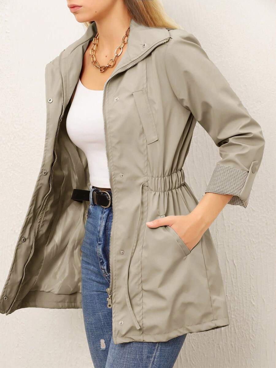 RueChic Zip Up Drawstring Waist Hooded Coat - Beige - View 1