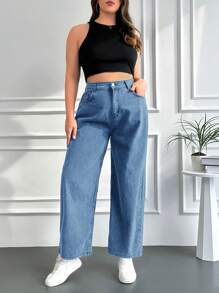 EURMUSE Plus Pocket Detail Wide Leg Jeans - Blue - View 5