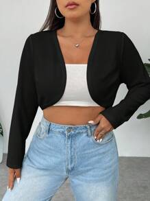 SHEIN EZwear Plus Solid Open Front Crop Jacket For Dailywear Winter Fall Autumn - Black - View 5
