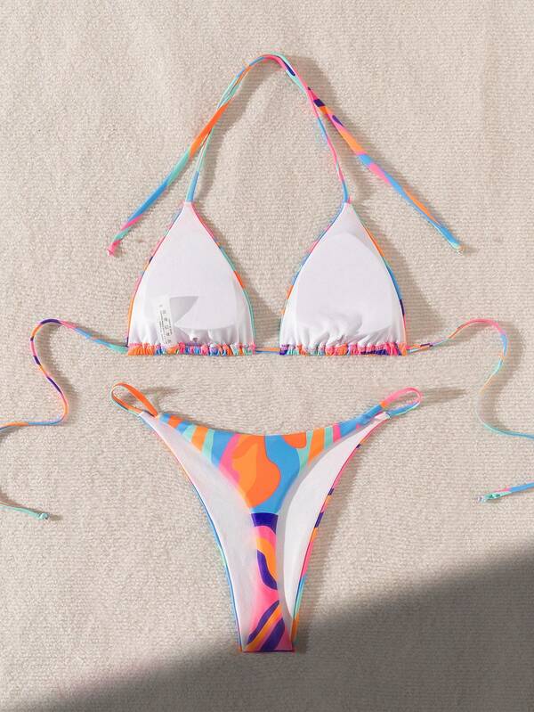 Swim Mod Women's Summer Beach Print Halter Strap Sexy Bikini Set With Separated Bikini Set