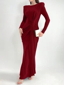 Modelyn 勃艮第红色女士圆领长袖连衣裙，腰部褶皱，扭结，优雅大方的长款晚礼服 - 酒紅色 - 查看 5