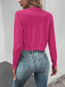 SHEIN LUNE Solid Button Front Crop Hot Pink Cardigan For Dailywear - Hot Pink - View 2