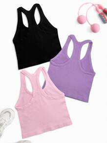 SHEIN Sport Gameset 3pcs Solid Color Ribbed Knit Sports Neck-Hanging Top