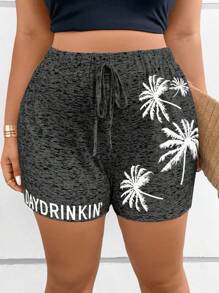 Linhara CURVE Plus Size Boho Coconut Tree & Letter Graphic Drawstring Waist Shorts, For Summer - Dark Grey - View 6
