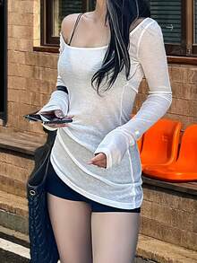 INAWLY 95% Polyester 5% Spandex Solid Color Casual Daily Long Sleeve T-Shirt - White - View 6