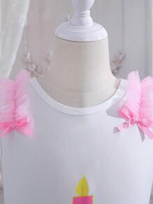 Tween Girls Cake Print Contrast Mesh Hem Tank Top & Tutu Skirt - Pink - View 3