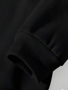 SHEIN 2 pezzi Set casual da donna con felpa con cappuccio in pile con stampa di fulmini e lettere e pantaloncini larghi, ideale per Ognissanti - nero - Visualizzare 7