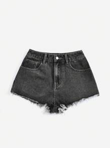 ROMWE Grunge Punk Casual & Commuting Embroidered Denim Shorts With Sports Word Print, For Women, Football And Racing, School - Dark Grey - View 2